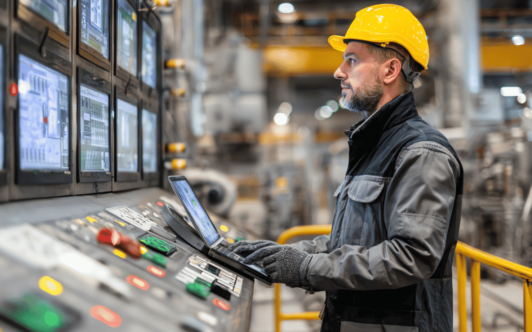 Industrial worker in a yellow hard hat operating a multi-screen control panel in a factory setting with a laptop on the console.
